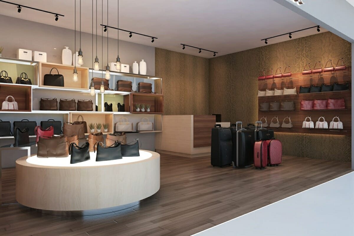 Modern retail boutique interior with light wood shelving